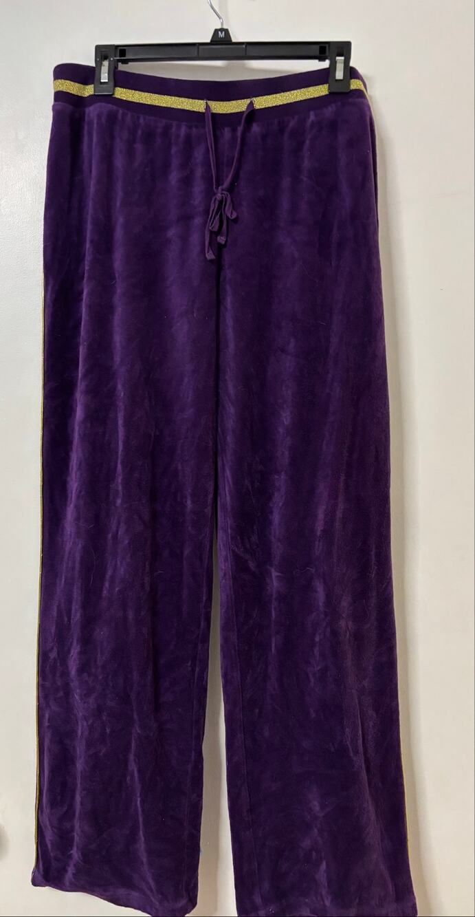 Midnight Velvet Purple Velour Wide Leg Track Pants Gold Metallic Stripe L⁠g Y2K